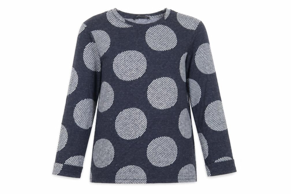 Front view of Marks & Spencer women’s blue crew neck polka dot polyester jumper, size UK 10