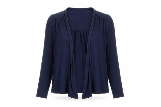 Front view of H&M women’s blue v-neck viscose cardigan jumper, size M