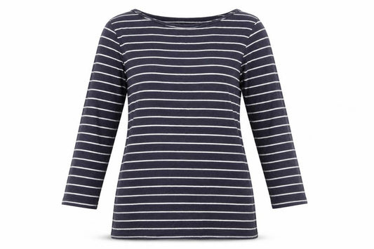 Front view of Atmosphere women’s black striped polyester basic t-shirt, size UK 12, boat neck