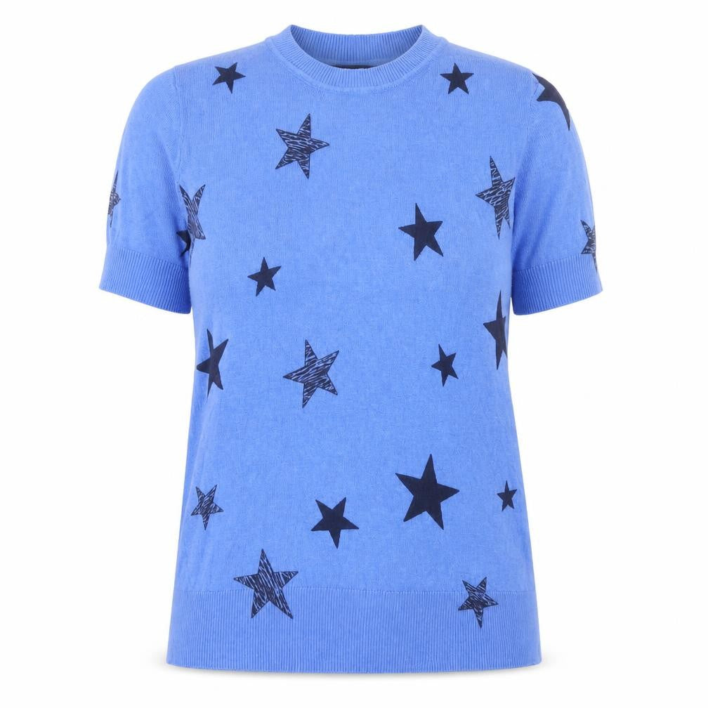 Front view of Marks & Spencer women’s blue geometric viscose basic t-shirt, size UK 8, crew neck