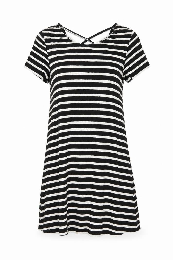 Front view of Only women’s black striped viscose a-line, size M, round neck pullover