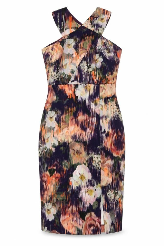 Front view of Coast women’s multicoloured floral polyester bodycon, size UK 8, halter pullover