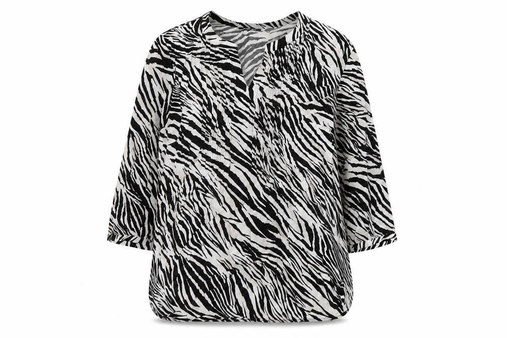 Front view of Olsen women’s black animal print polyester basic blouse, size UK 16, v-neck - zebra print