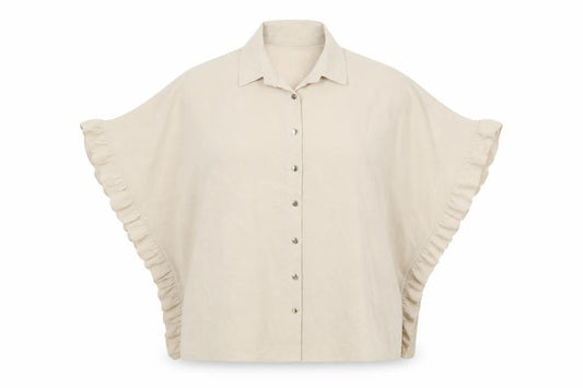 Front view of Cameo Rose women’s beige polyester basic button-up, size S, collared