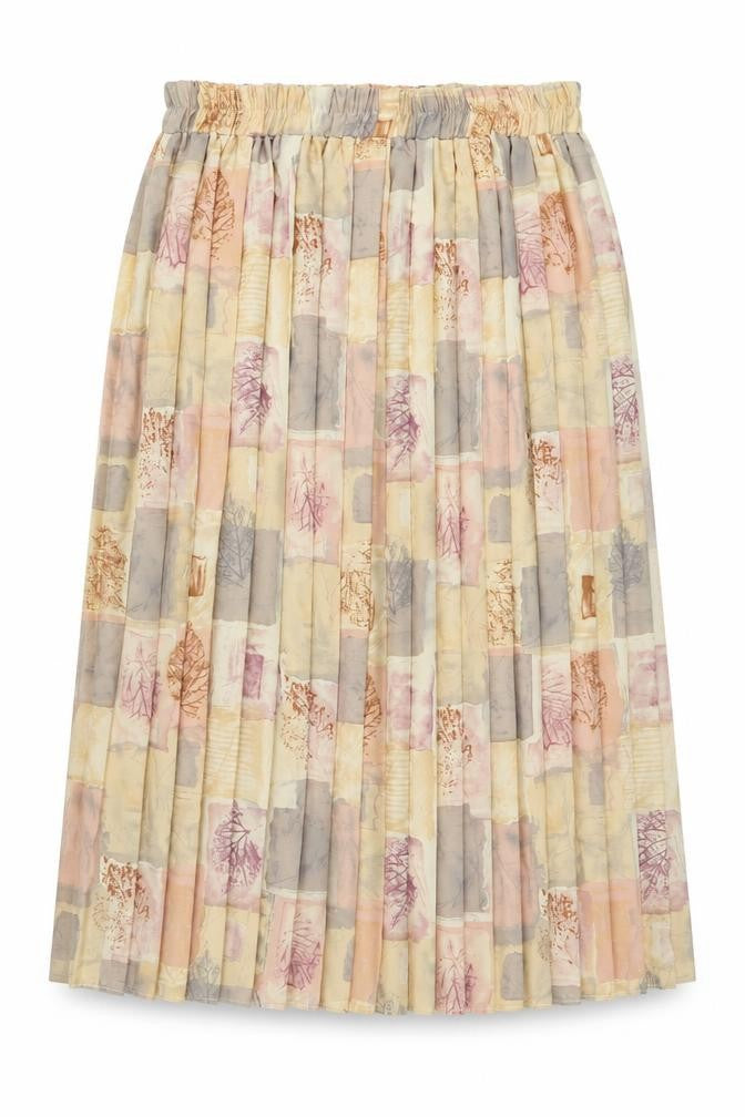 Front view of Preworn women’s multicoloured geometric polyester pleated skirt, size XL, drawstring