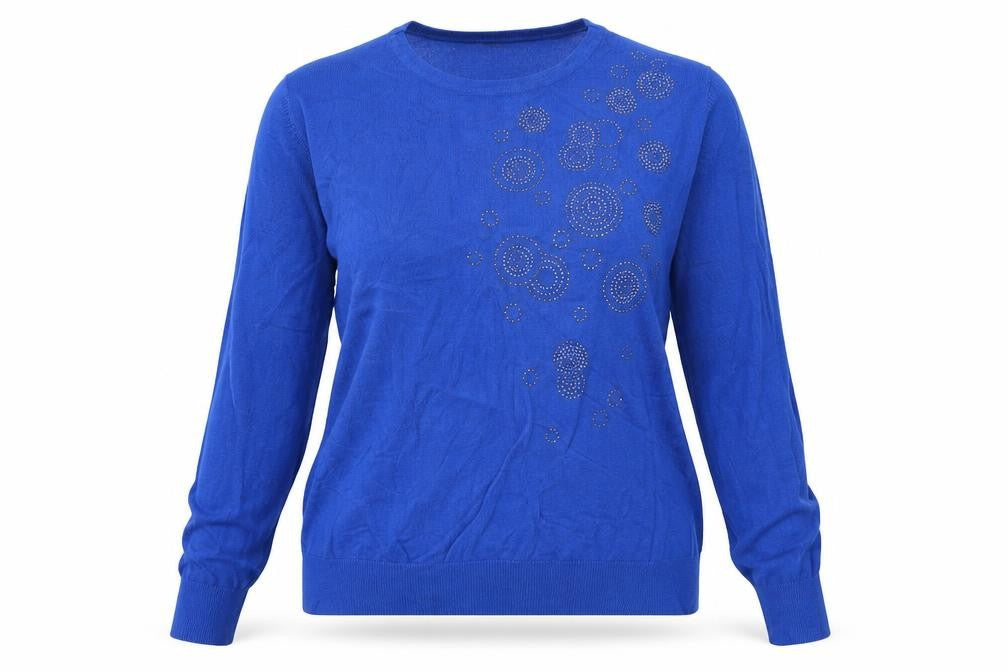 Front view of Eliie B women’s blue round neck viscose jumper, size L