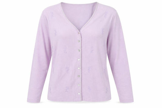 Front view of Carolyn Taylor women’s purple v-neck cotton cardigan jumper, size S
