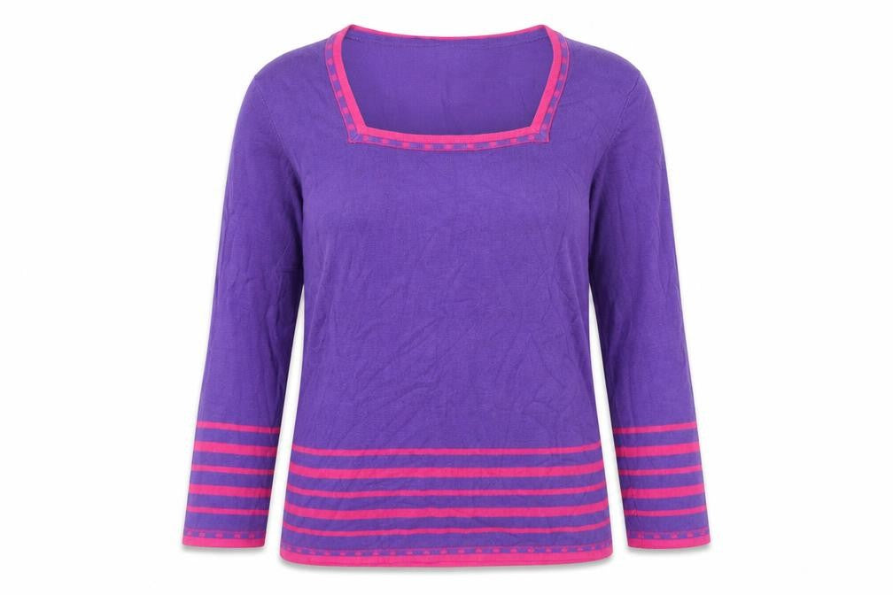 Front view of Autonomy women’s purple square neck striped viscose jumper, size UK 14