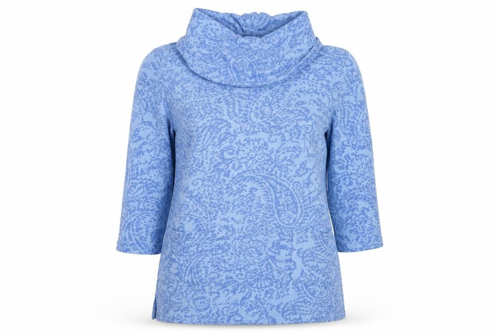 Front view of Preworn women’s blue roll neck polyester jumper, size M