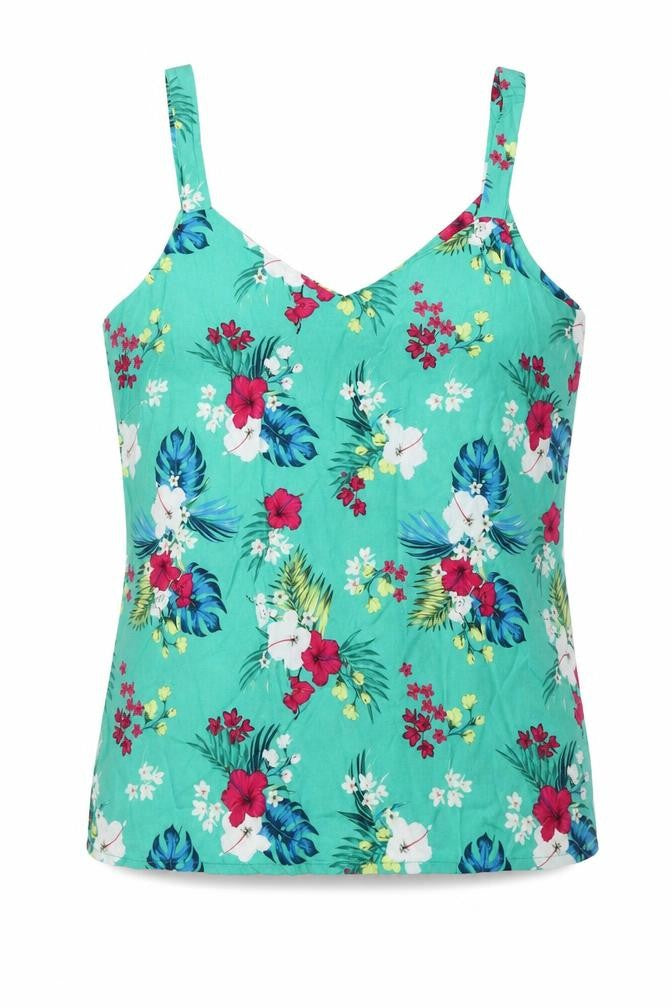 Front view of M&Co women’s green floral viscose basic tank, size UK 10, v-neck