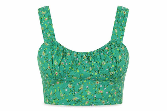 Front view of Motel Rocks women’s green floral viscose cropped tank size 2xs scoop neck