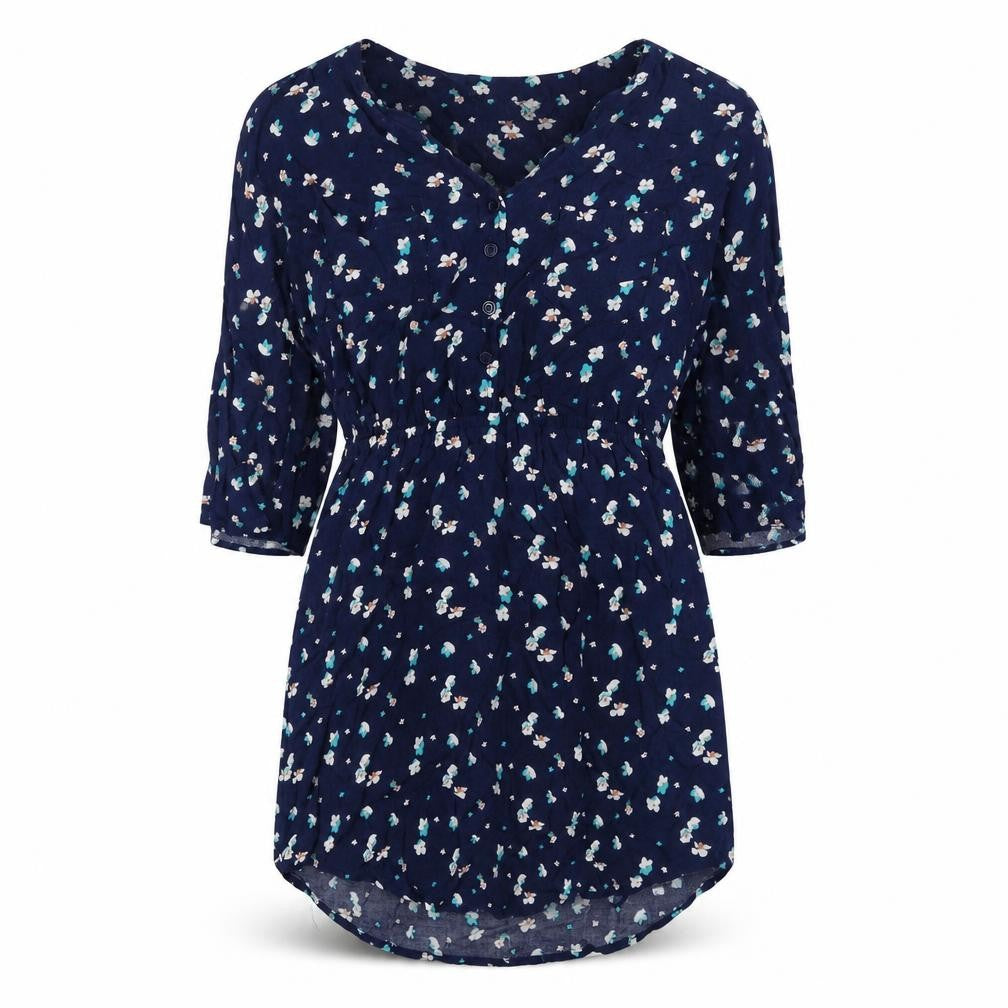 Front view of Mimi Chica women’s blue floral polyester basic blouse, size M, v-neck