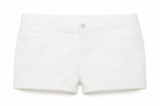 Front view of Marks & Spencer women’s white cotton boyfriend shorts, size UK 22, regular zip