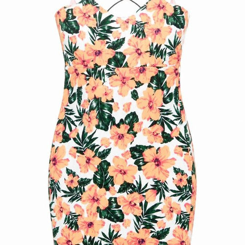 Blue Ink Womens Orange Floral Polyester Tank Dress Size 8 V-Neck Pullover