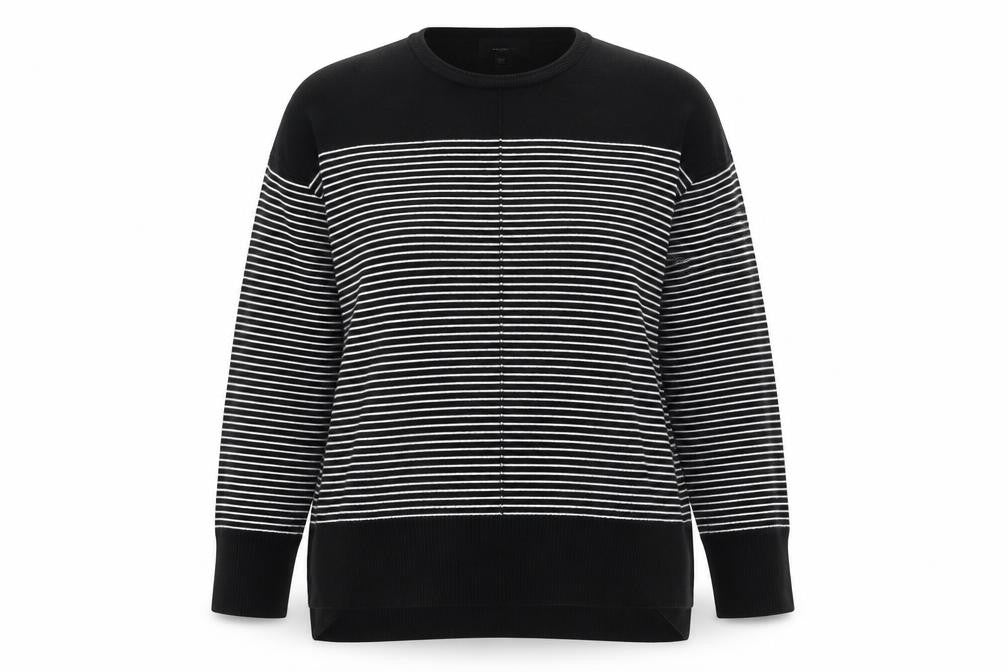 Front view of Atmosphere women’s black round neck striped polyamide jumper, size UK 14