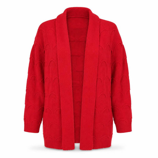 Front view of Chic women’s red v-neck acrylic cardigan jumper, size S