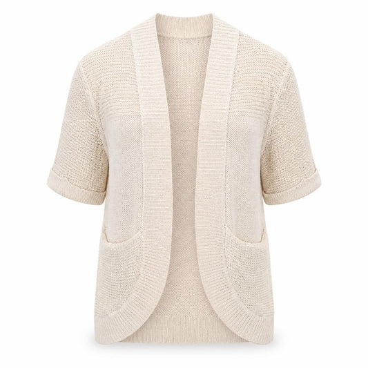Front view of F&F women’s beige v-neck acrylic cardigan jumper, size UK 10
