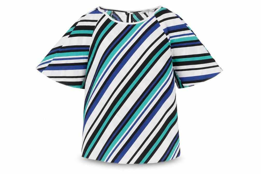 Front view of George women’s multicoloured striped polyester basic t-shirt, size UK 10, round neck - angel sleeve