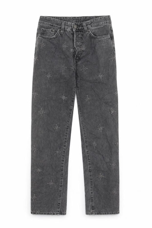 Front view of H&M women’s grey cotton boyfriend jeans, size UK 25, in, 27-inch leg regular button