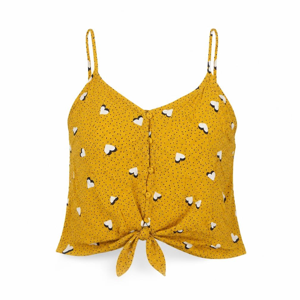 Primark Womens Yellow Geometric Viscose Cropped Button-Up Size 10 V-Neck - Hearts