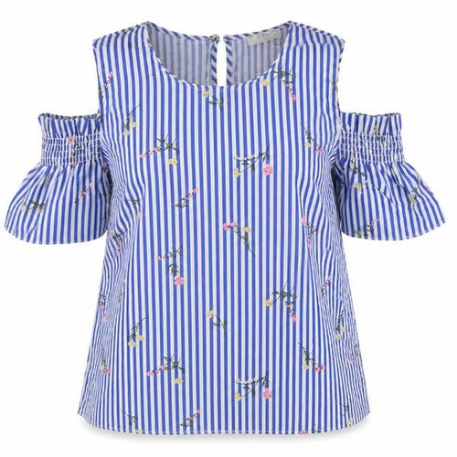 Papaya Womens Blue Striped Cotton Basic Blouse Size 10 Round Neck - Cold Shoulder Flower Detail