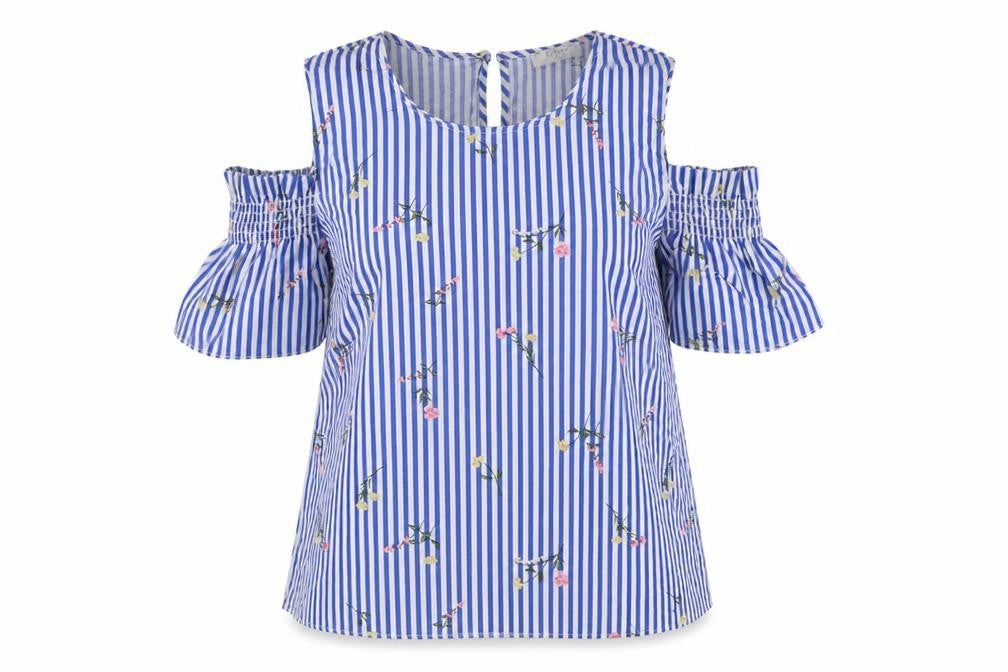 Papaya Womens Blue Striped Cotton Basic Blouse Size 10 Round Neck - Cold Shoulder Flower Detail
