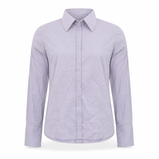 Front view of Avenue women’s purple striped cotton basic button-up, size UK 12, collared