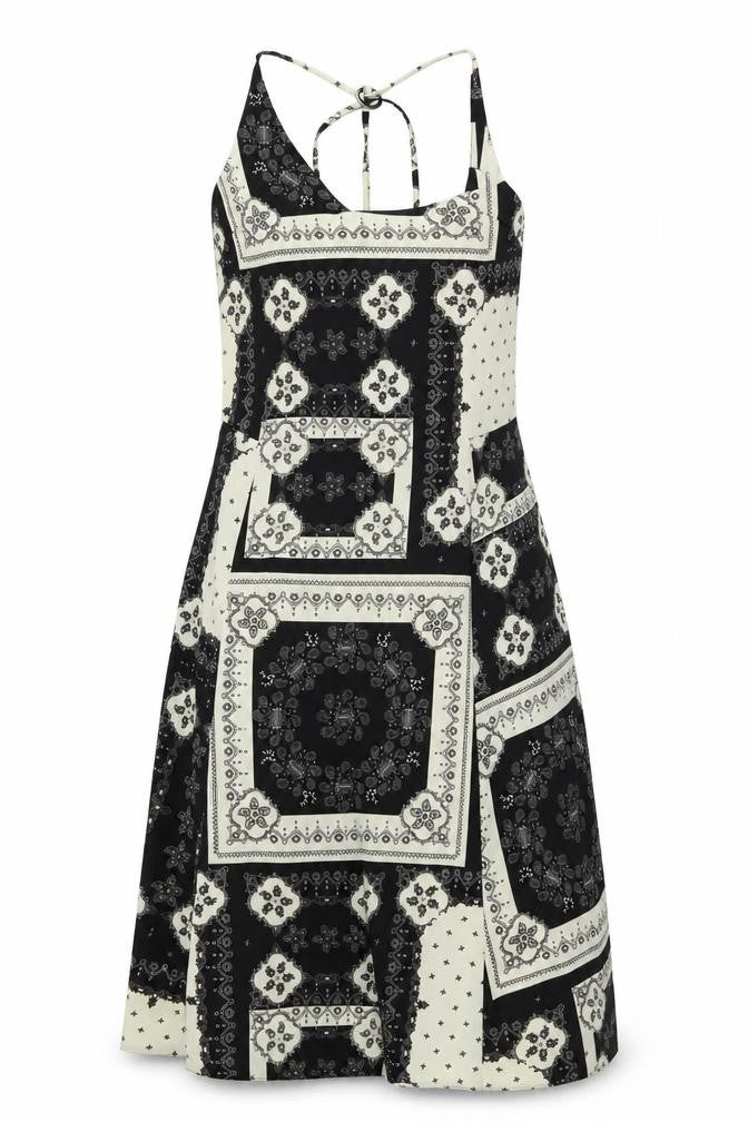 Front view of Topshop women’s brown geometric polyester a-line, size UK 8, v-neck pullover