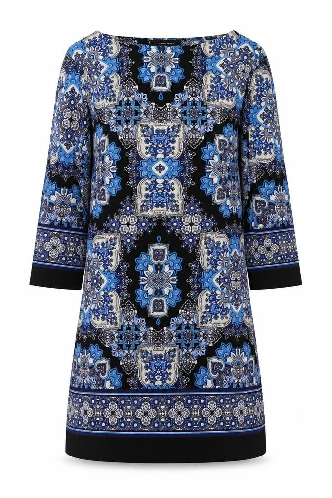 Front view of Atmosphere women’s blue geometric polyester mini, size UK 8, boat neck pullover