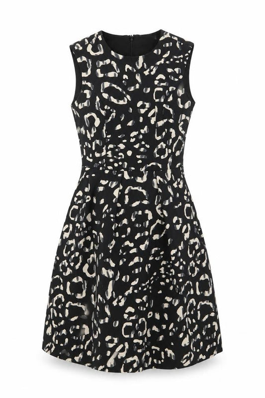 Front view of H&M women’s black animal print polyester a-line, size S, round neck zip - leopard skin pattern