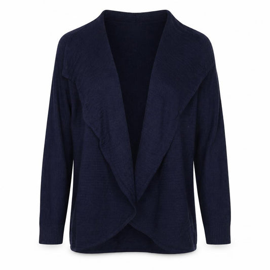 Front view of BHS women’s blue v-neck acrylic cardigan jumper, size UK 12