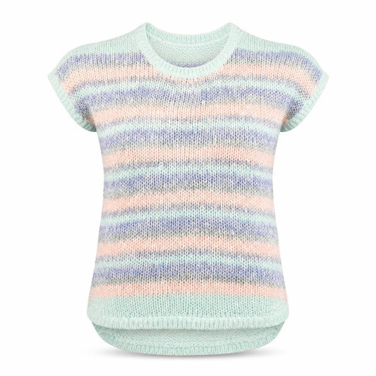 Front view of Intuition women’s multicoloured round neck striped acrylic jumper, size UK 12