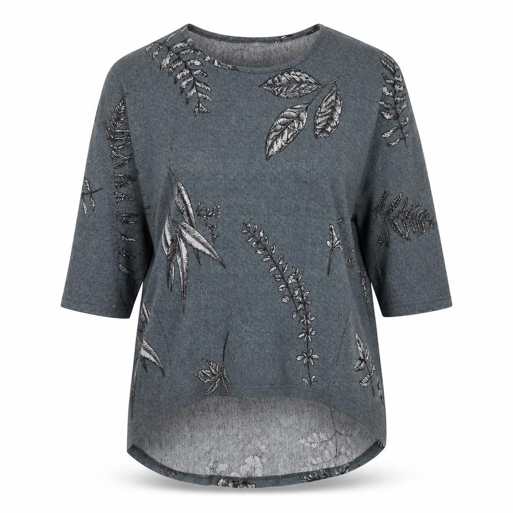 Front view of Preworn women’s grey round neck floral polyester jumper, size UK 10