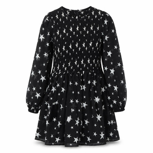 Front view of ASOS women’s black geometric polyester a-line, size UK 8, round neck zip - star print