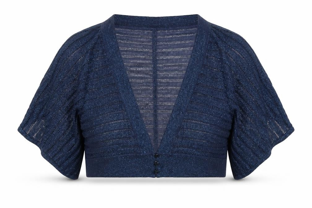Front view of Oasis women’s blue v-neck polyester cardigan jumper, size UK 14