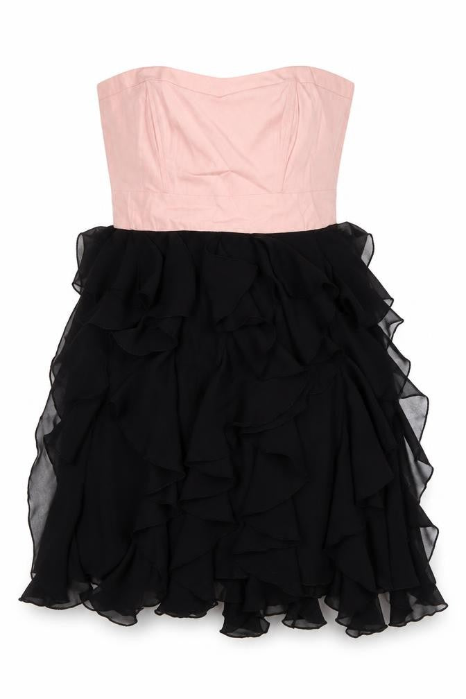 Front view of South women’s multicoloured polyester fit & flare, size UK 10, off the shoulder zip