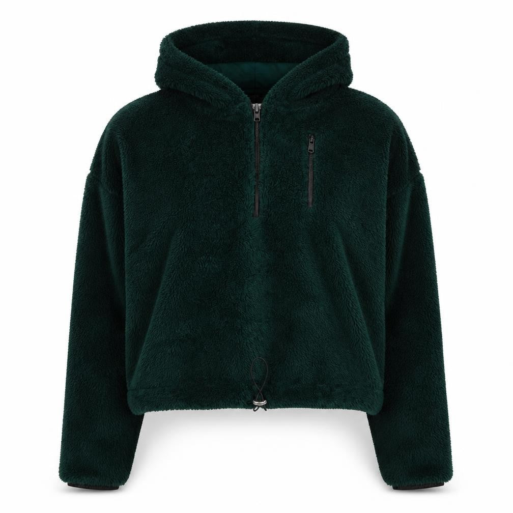 Front view of Topshop women’s green polyester pullover hoodie, size UK 6, zip