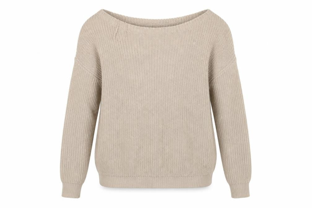 Front view of Missguided women’s beige round neck acrylic jumper, size S