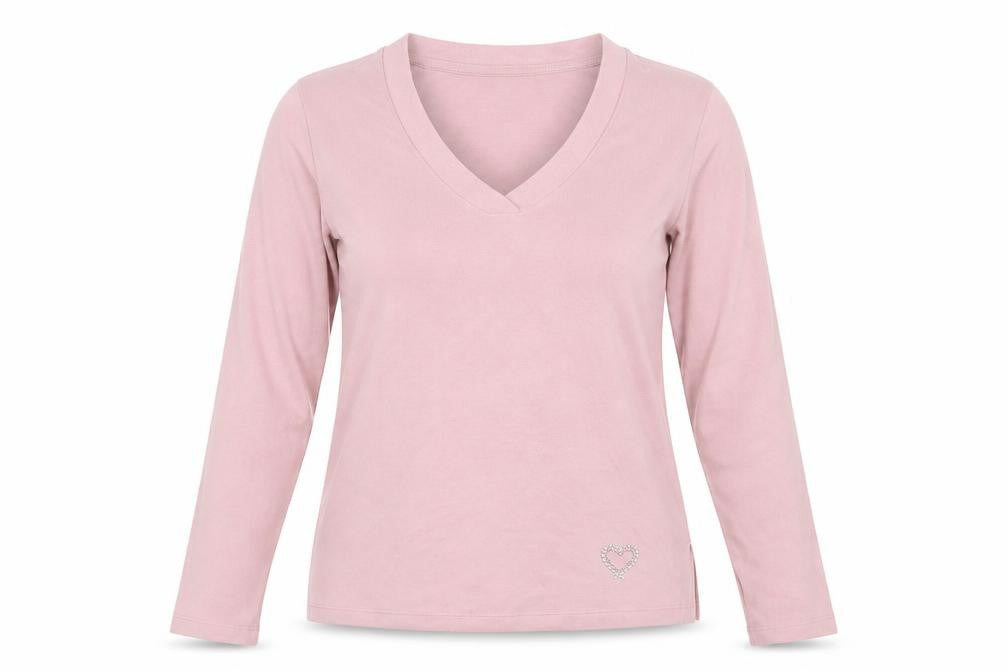 Front view of George women’s pink v-neck polyester jumper, size UK 8, - heart