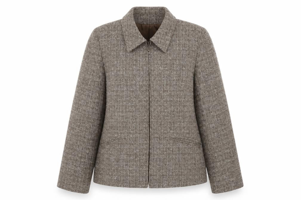 Front view of EWM women’s brown jacket blazer, size UK 12, zip
