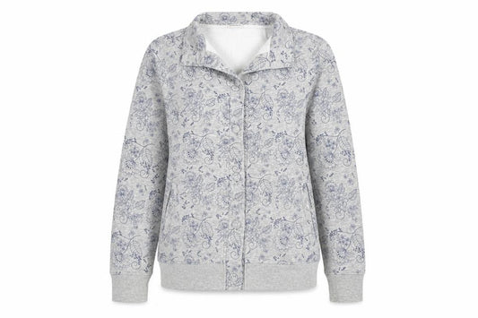 Front view of Damart women’s grey v-neck floral polyester cardigan jumper, size UK 14