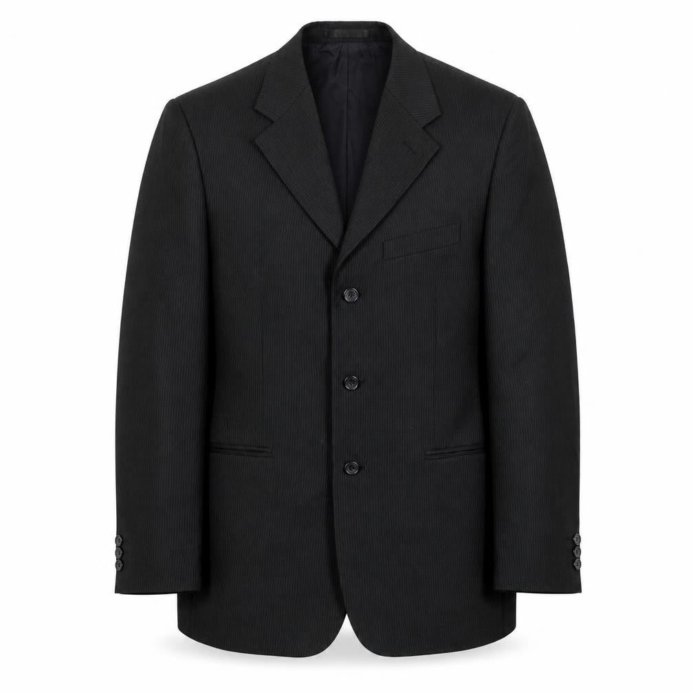 Front view of Zantos men’s black striped polyester jacket suit jacket, size 38