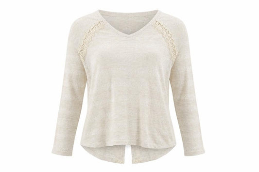 Front view of Next women’s beige v-neck polyester jumper, size UK 12, - lace detail
