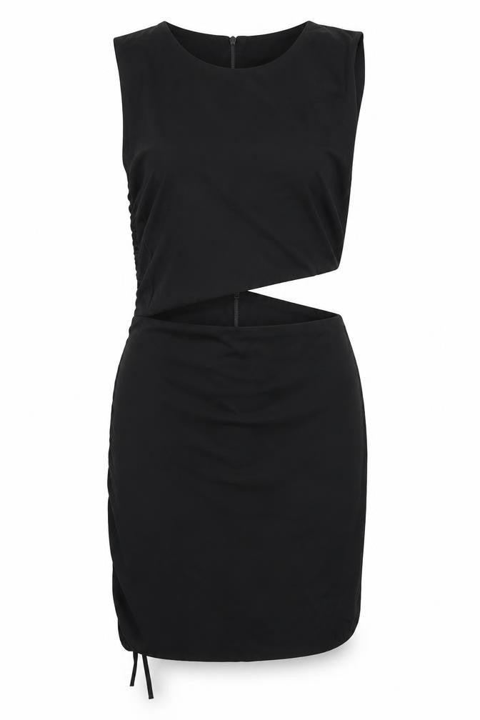 Front view of Zara women’s black cotton mini, size L, round neck zip