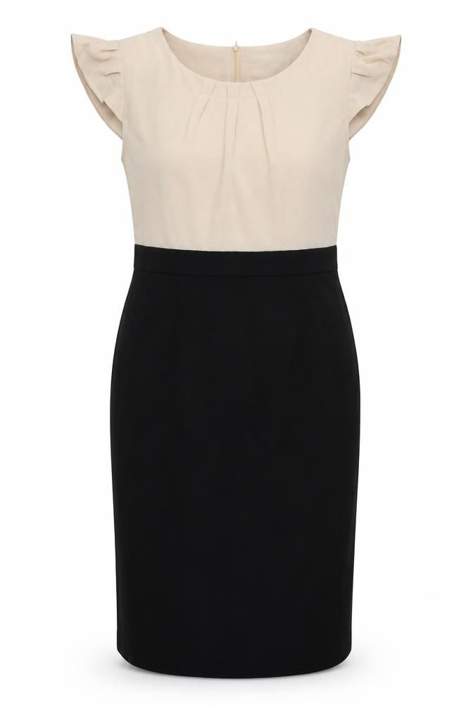 Front view of Collection London women’s beige polyester a-line, size UK 12, round neck zip
