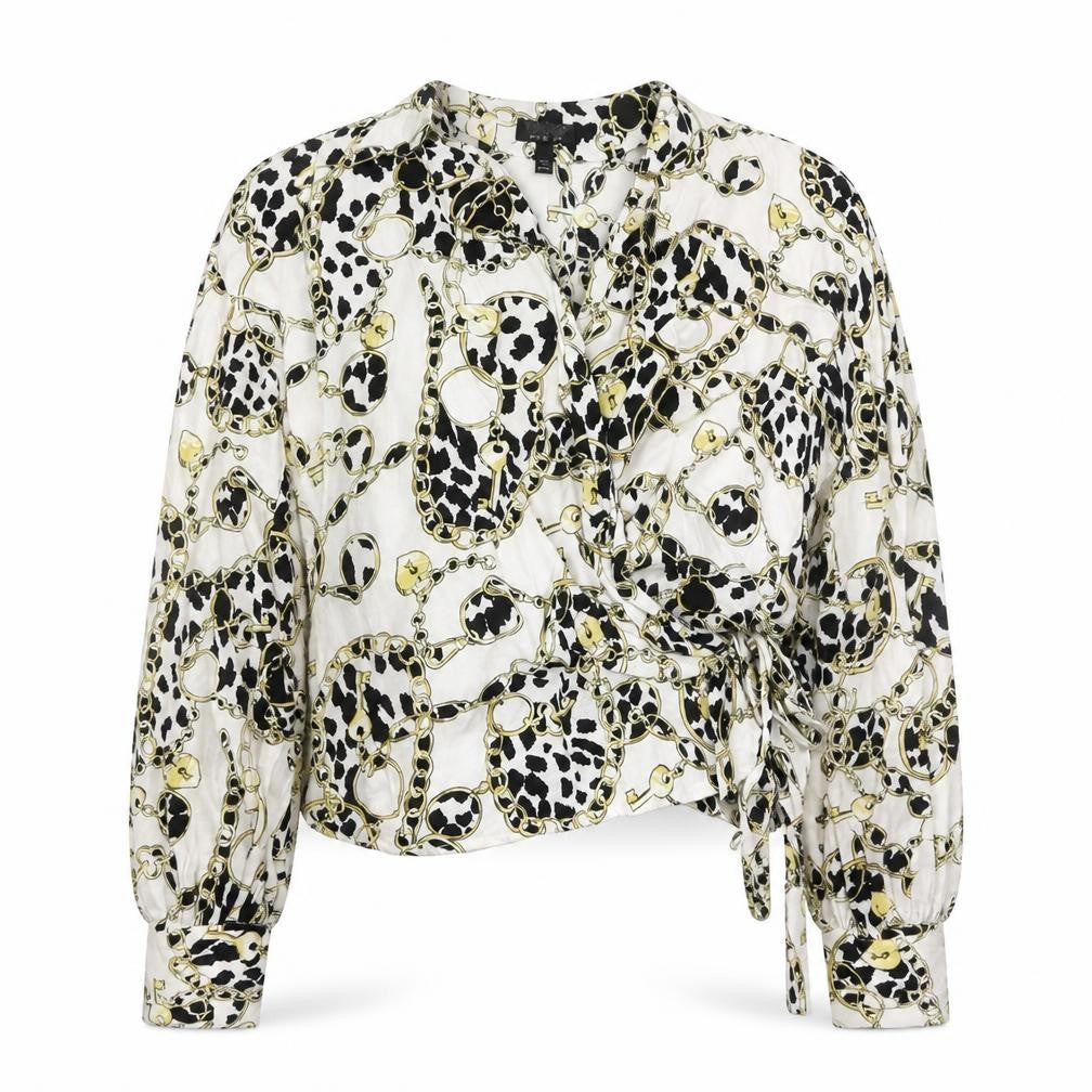 Front view of Topshop women’s multicoloured geometric viscose wrap blouse, size UK 10, v-neck