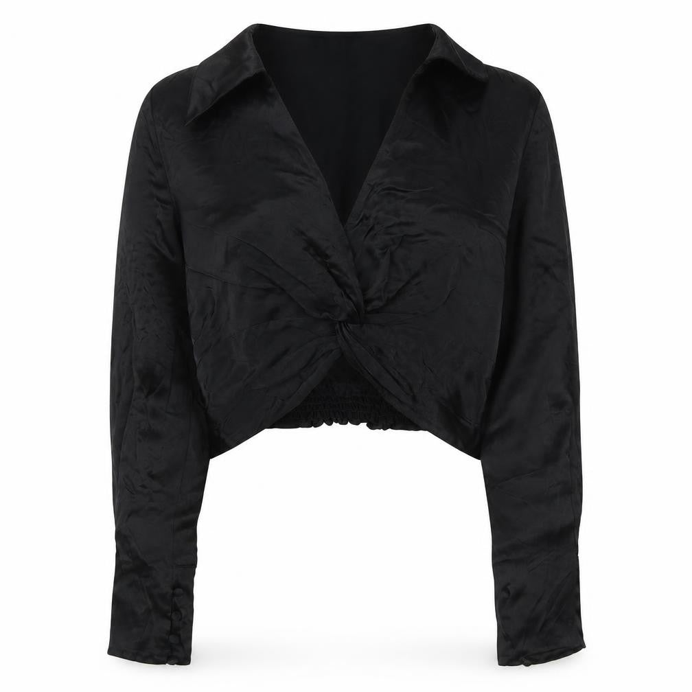 Front view of Zara women’s black polyester basic blouse, size M, v-neck - knot detail