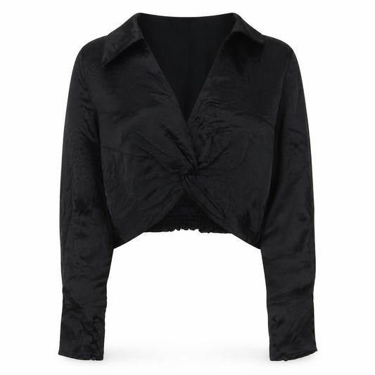Front view of Zara women’s black polyester basic blouse, size M, v-neck - knot detail