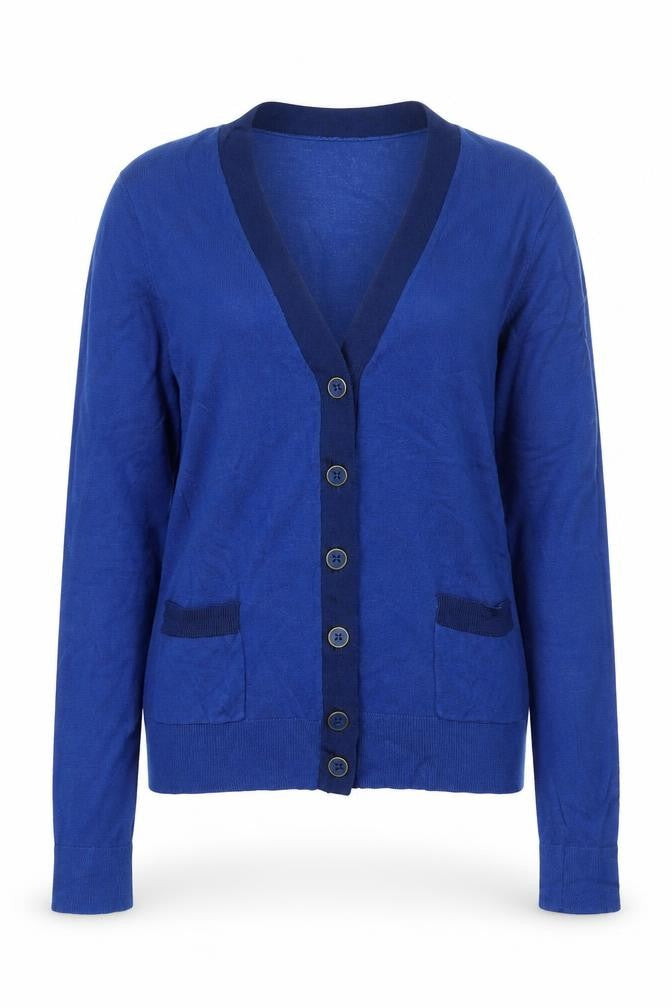 Front view of Tu women’s blue v-neck viscose cardigan jumper, size UK 8