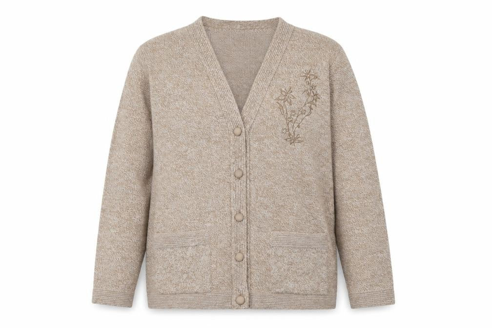 Front view of Cane women’s beige v-neck acrylic cardigan jumper, size M